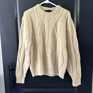 Vtg Mens Traditional Irish Aran Cable Knit Fisherman Sweater Cream Large RN13884